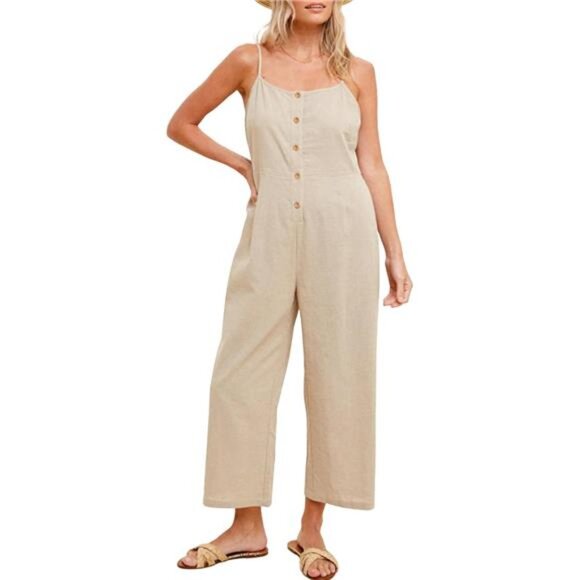 Womens Linen Cotton Overalls Straps Jumpsuits Beige - Picture 1 of 6
